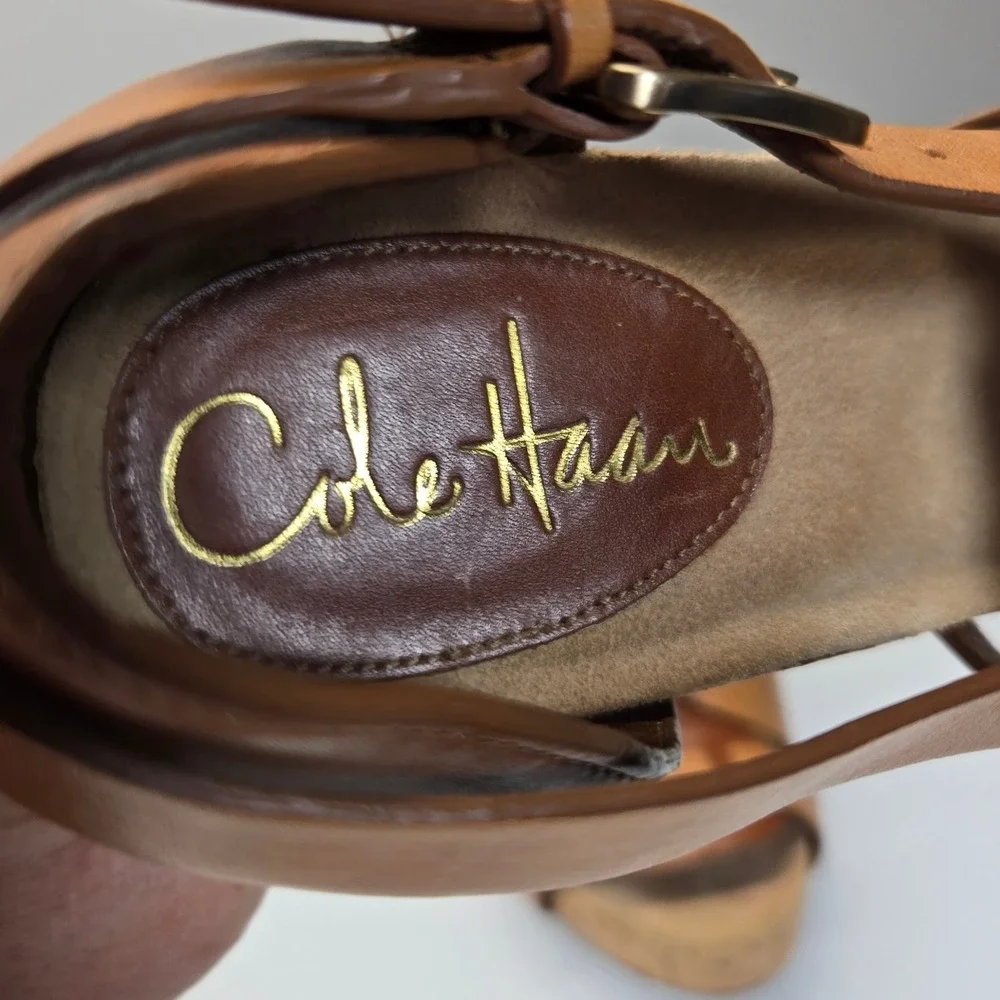 Vintage Y2K Cole Haan Leather Sandals 6B Brown Cork Chunky Platform Heel Strappy